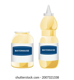 Mayonnaise in glass bottles set. Jars with white sauce. Condiment containers in cartoon style. Vector illustration.