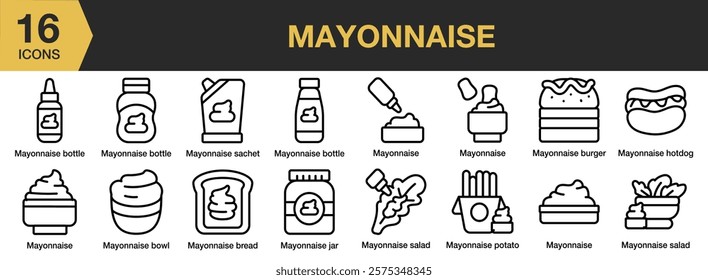 Mayonnaise icon set. Includes Tartar, Sauce, Cream, Dip, Mayonnaise, and More. Outline icons vector collection.