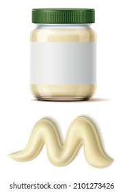 Mayonnaise Jar With Sauce Spill. Realistic Mockup With Blank Label