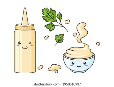 Mayonnaise kawaii, vector funny character bottle and bowl. Sauce pack in plastic container. Spots mayo and parsley leaves plant. Food illustration