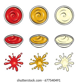 Mayonnaise, ketchup and mustard. A set of sauces. Realistic illustration isolated on white background. Vector drawing for the menu of a cafe of fast food, restaurants or posters.