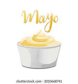 Mayonnaise label with sauce splash. Hand drawn lettering Mayo quote. Vector illustration.