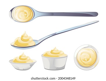 Mayonnaise in metal spoon in catroon flat style. Portion of sauce. Vector design for advertising cheese, dairy products, healthy food.