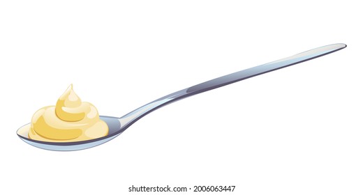 Mayonnaise in metal spoon in catroon flat style. Portion of sauce. Vector design for advertising cheese, dairy products, healthy food.