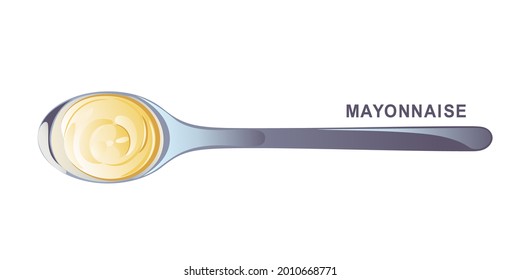 Mayonnaise in metal spoon in catroon flat style. Portion of sauce. Vector design for advertising cheese, dairy products, healthy food.