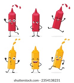 Mayonnaise, mostaza y botellas de tomate personajes de dibujos animados, aislados en fondo blanco