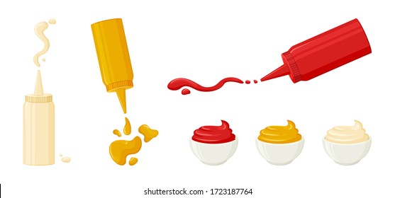 Mayonnaise, mustard, tomato ketchup. Sauces in bottles and bowls. Various hot spice sauces spilled strips, drops and spots. Vector illustration