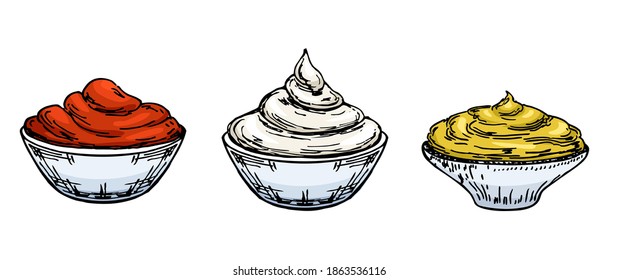 Mayonnaise, Mustard, Tomato Ketchup Sketch. Sauces In Bowls. Various Hot Spice. A Set Of Sauces. Vector Drawing For The Menu Of A Cafe Of Fast Food, Restaurants Or Posters. Vector Illustration