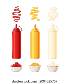 Mayonnaise, mustard, tomato ketchup. Vector illustration sauces in bottles and bowls, with splashes and drops. Cartoon style