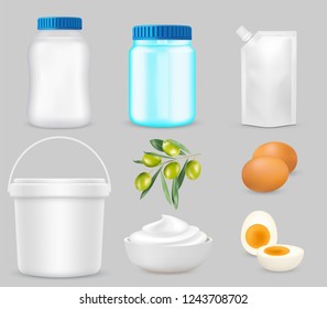 Mayonnaise package mockup set. Vector realistic isolated illustration of blank glass jar, plastic pouch doypack bag and bucket with caps, sauce in bowl, eggs, olives. Food product packaging.