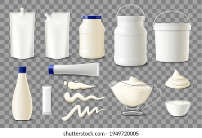 Mayonnaise package mockups, realistic plastic containers, sachet bags and jars, vector blank templates. Food products packages, mayonnaise sauce glass and plastic jar with lid, tube and pouch sachet