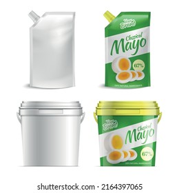 Mayonnaise packaging advertising 2x2 design concept demonstrated plastic pails and pouches with screw cap realistic vector illustration