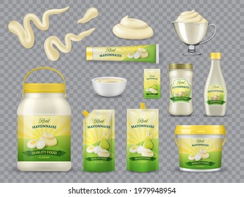 Mayonnaise packaging realistic vector mockups. Plastic bottles, jars and stand-up pouches, bucket or pail, tube with olive oil and eggs on label. Mayonnaise stripes and blobs, glass and porcelain bowl