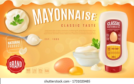 Mayonnaise plastic bottle horizontal advertising poster with a presentation of realistic mayo in a glass bowls at different angles. And related products-egg, yolk and parsley. Vector illustration