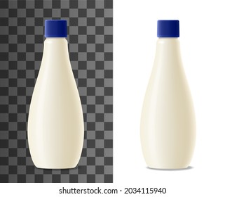 Mayonnaise plastic bottle realistic packaging mock up. Milk, yogurt or cream dairy products blank pack, 3d vector white container with blue lid. Mayo sauce bottle design mockup