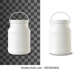 Mayonnaise plastic bottle. Realistic packaging mock-up of sour cream, yogurt or ice cream dairy products blank white container 3d vector mockup, mayo sauce jar with wide lid and handle