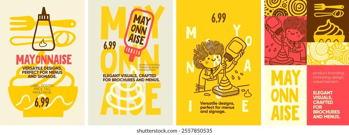 Mayonnaise. Playful and creative mayonnaise-inspired designs with hand-drawn illustrations, perfect for product labels, menus, and advertising.