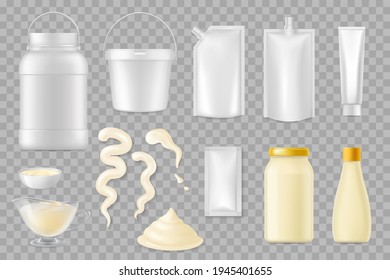 Mayonnaise realistic packages vector mockup, food containers, plastic and glass jars. Mayonnaise sauce strokes or splashes, fresh product in bowls and bottles isolated on transparent background 3d set