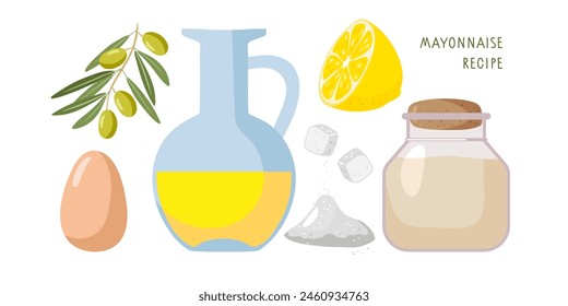 Mayonnaise recipe. Jar of sauce and ingredients. Hand drawn doodle sketch isolated on white background. Flat vector Food template for menu, recipe, shop, cooking classes. Sauce ingredients