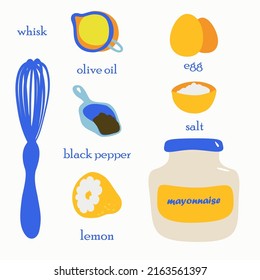 Mayonnaise recipe vector illustration. Food book. Blue mayonnaise bottle. Ingredients: egg, olive oil, pepper, salt, whisk.