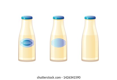 Mayonnaise sauce. 3 hot mayo sauces set. Food icons with text logo packaging, empty label, blank mock up. Glass mayonnaise bottle, 3d realistic vector illustration isolated on white background