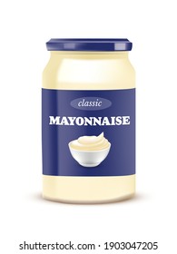 Mayonnaise sauce bottle with cap. Closed jar with mayo vector illustration. Can with blue packaging isolated on white background. Tasty creamy dressing for food product design.