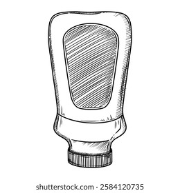 Mayonnaise sauce in the bottle. Food illustration in the graphic line art style. Hand drawn vector outline element of preparing meal. Perfect for menu creating and sketch drawing designs.