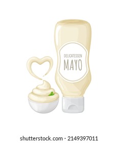 Mayonnaise sauce in bottle with label and bowl with heart splash.Vector illustration in 3D realistic style Isolated on white background. 