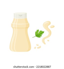 Mayonnaise sauce, bottle mayo dressing and twig parsley, condiment packaging template. Cartoon food illustration