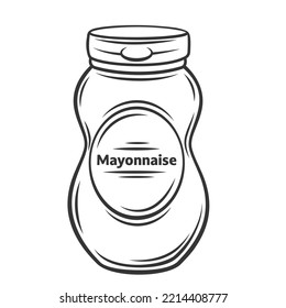 Mayonnaise Sauce In Bottle Outline Icon Vector Illustration. Line Hand Drawing Mayo Condiment In Glass Packaging, Seasoning And Dressing For Barbecue Food Or Salad, Sketch Of Mayonnaise In Container