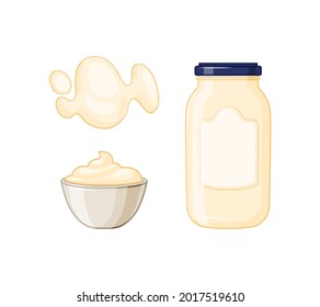 Mayonnaise sauce bottle, stain, sauce pot set on a white isolated background. A set of icons for food packaging, layout. A glass bottle of mayonnaise in the cartoon style. Vector illustration.