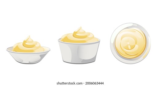 Mayonnaise sauce in bowl in cartoon style. White swirl condiment mousse in porcelain cup. Vector illustration.