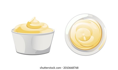 Mayonnaise sauce in bowl in cartoon style. White swirl condiment mousse in porcelain cup. Vector illustration.