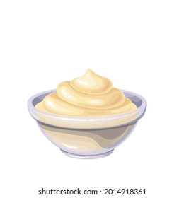 Mayonnaise sauce in bowl. Colored illustration of mayonnaise in cartoon style.