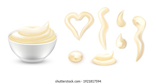 Mayonnaise sauce in bowl, dips and drips set. Round plate with mayo vector illustration. Portions of different shapes of gourmet seasoning isolated on white background. Tasty creamy dressing.