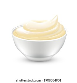 Mayonnaise sauce in bowl. Round plate with mayo vector illustration. Portion of gourmet seasoning isolated on white background. Tasty creamy dressing for food product design.