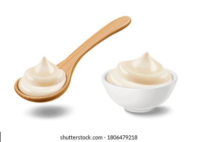 Mayonnaise sauce in bowl and wooden spoon in 3d illustration, isolated on white background