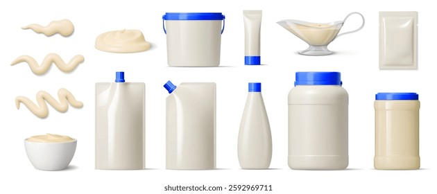 Mayonnaise sauce container package and plastic bottle types. Vector jar, pouch, tube, bowl and squeeze bottles with creamy sauce swirls. 3d mockups for product presentation, food and condiment storage