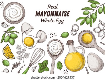 Mayonnaise sauce cooking and ingredients frame. Hand drawn vector illustration. Homemade mayonnaise sauce, design elements. Hand drawn package design. Oil and eggs.