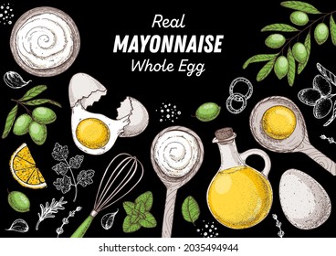 Cuisine en sauce mayonnaise et cadre d'ingrédients. Illustration vectorielle dessinée à la main. Sauce mayonnaise faite maison, éléments design. Conception de colis dessinée à la main. Huile et oeufs.