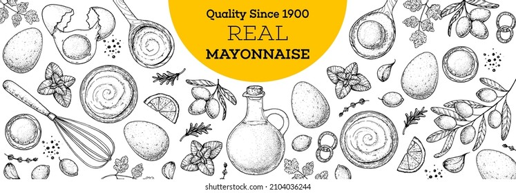 Mayonnaise sauce cooking and ingredients frame. Hand drawn sketch, vector illustration. Homemade mayonnaise sauce, design elements. Hand drawn package design. Oil and eggs.