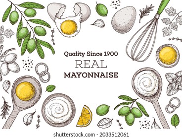 Mayonnaise sauce cooking and ingredients, hand drawn vector illustration. Homemade mayonnaise sauce, design elements. Hand drawn, package design.