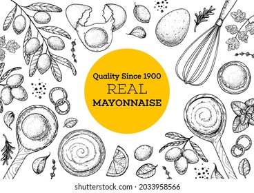 Mayonnaise sauce cooking and ingredients, hand drawn vector illustration. Homemade mayonnaise sauce, design elements. Hand drawn, package design.