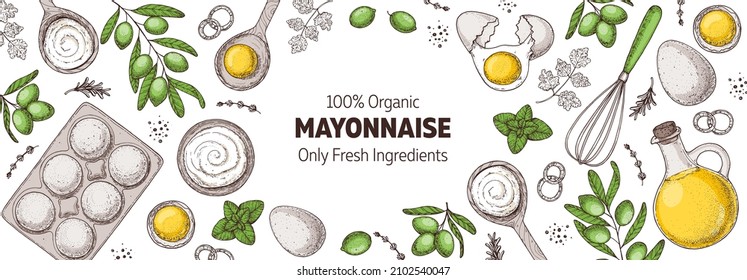 Mayonnaise sauce cooking and ingredients, hand drawn vector illustration. Homemade mayonnaise sauce, design elements. Hand drawn, package design.