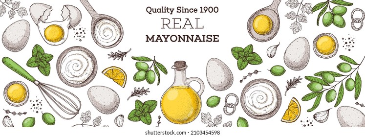 Mayonnaise sauce cooking and ingredients, hand drawn vector illustration. Homemade mayonnaise sauce, design elements. Hand drawn, package design.