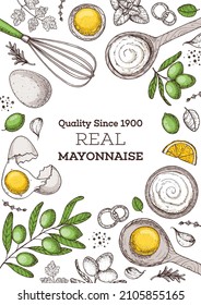 Mayonnaise sauce cooking and ingredients, hand drawn vector illustration. Homemade mayonnaise sauce, design elements. Hand drawn, package design.