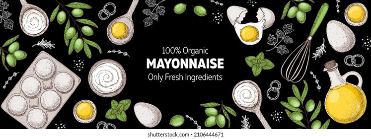 Mayonnaise sauce cooking and ingredients, hand drawn vector illustration. Homemade mayonnaise sauce, design elements. Hand drawn, package design.