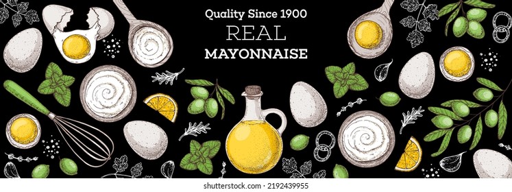 Mayonnaise sauce cooking and ingredients, hand drawn vector illustration. Homemade mayonnaise sauce, design elements. Hand drawn, package design.