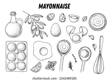 Mayonnaise sauce cooking and ingredients set. Hand drawn sketch collection, vector illustration. Homemade mayonnaise sauce, design elements. Hand drawn package design. Oil and eggs.