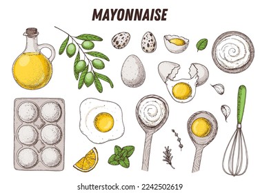 Cocina con salsa mayonesa e ingredientes establecidos. Colección dibujada a mano, ilustración vectorial. Salsa mayonesa casera, elementos de diseño. Diseño de paquete dibujado a mano. Aceite y huevos.